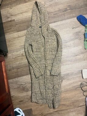 Hooded Longline Ribbed Cardigan Sweater - Beige Marled